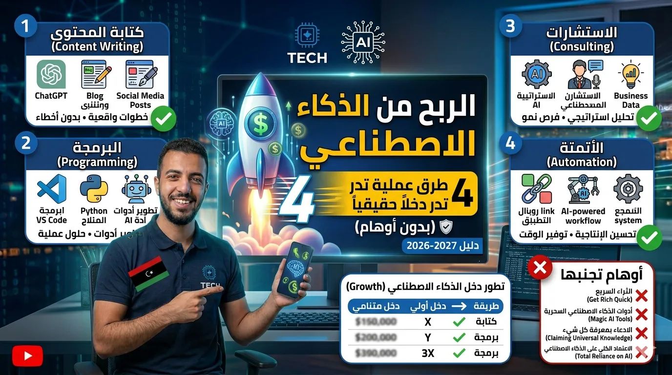 الربح من الذكاء الاصطناعي: 4 طرق عملية تدر دخلاً حقيقياً (بدون أوهام)