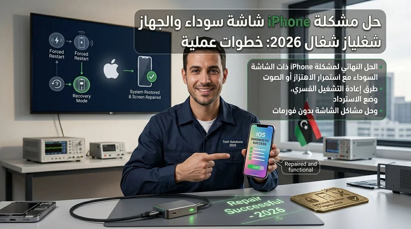 حل مشكلة iPhone شاشة سوداء والجهاز شغال 2026: خطوات عملية